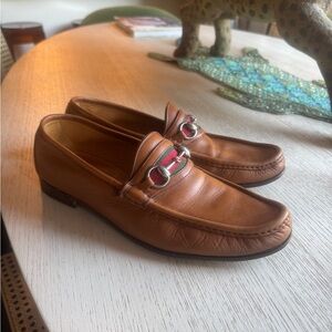 Gucci Tan Leather Loafers with Red and Green Accents
